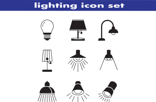 lighting outline icon set. ambient light, led strip, incandescent light, lamp, floor lamp.