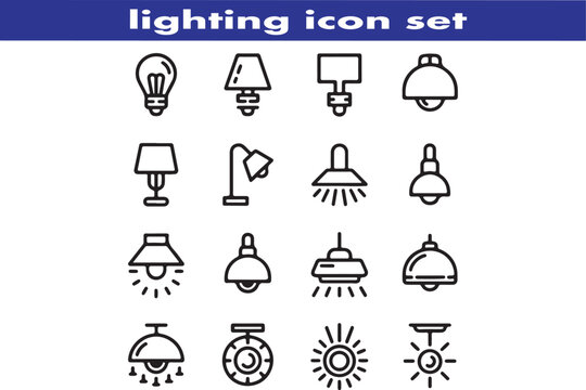 lighting outline icon set. ambient light, led strip, incandescent light, lamp, floor lamp.