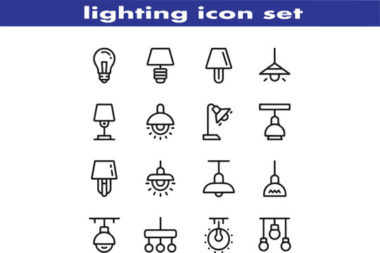 lighting outline icon set. ambient light, led strip, incandescent light, lamp, floor lamp.