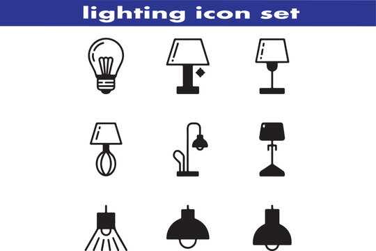 lighting outline icon set. ambient light, led strip, incandescent light, lamp, floor lamp.