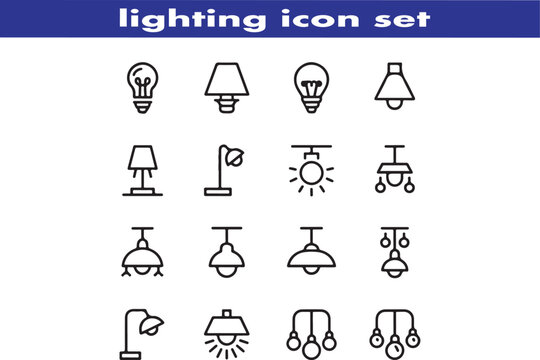 lighting outline icon set. ambient light, led strip, incandescent light, lamp, floor lamp.