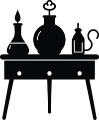Poster - Minimalist silhouette of a witch s table with potion bottles isolated on transparent background