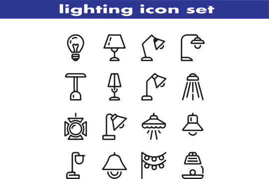 lighting outline icon set. ambient light, led strip, incandescent light, lamp, floor lamp.