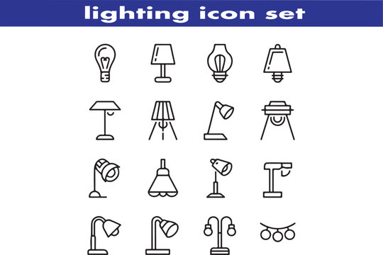 lighting outline icon set. ambient light, led strip, incandescent light, lamp, floor lamp.