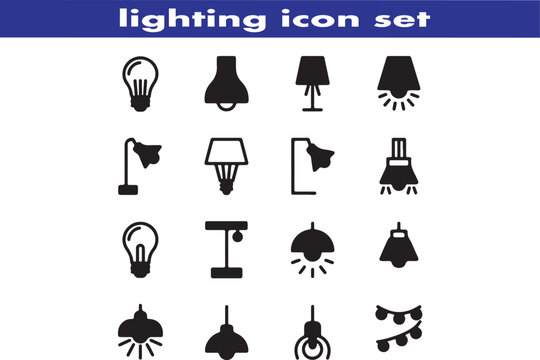 lighting outline icon set. ambient light, led strip, incandescent light, lamp, floor lamp.