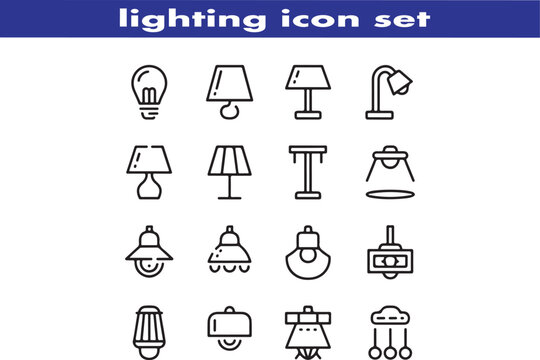lighting outline icon set. ambient light, led strip, incandescent light, lamp, floor lamp.