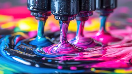 Poster - Vibrant Ink Flowing from Dispensers on Colorful Smooth Surface