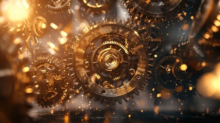 Poster - Intricate Close-Up of Golden Gears with Sparkling Particles