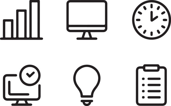 Simple Black and White Icon Set Featuring Computer Lightbulb Clock and Phone