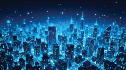 Poster - Futuristic blue cityscape depicting a high-tech metropolis with digitized buildings and lights.