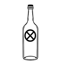 Fototapete - Empty Glass Bottle Line Art: A simple, monochrome line art illustration of an empty glass bottle with a prohibition symbol, suitable for design or editorial use.