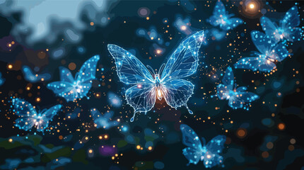 Poster - Glowing digital butterflies fluttering against a dark night sky with sparkling bokeh effects.