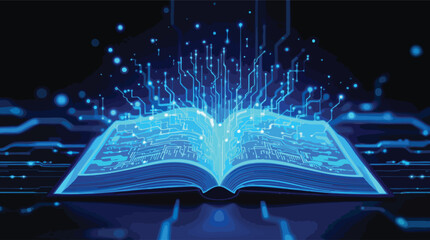 Poster - Open book with circuit board design representing knowledge and technology advancement.