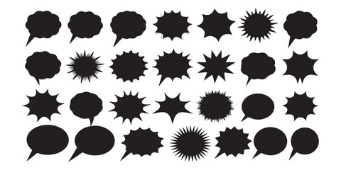 Poster - A collection of diverse black speech bubbles and thought bubbles arranged on a white background space