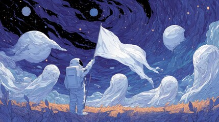 Wall Mural - Astronaut waving white flag before translucent alien beings under starry sky