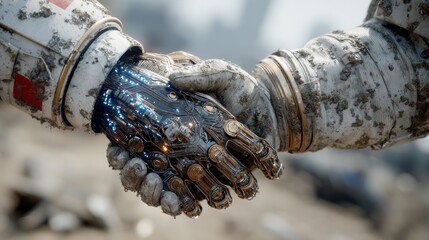 Wall Mural - Close-up handshake between astronaut and alien with glowing circuitry in hand