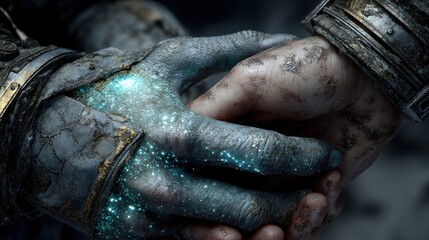 Wall Mural - Close-up of hands, astronaut and alien species agree on interplanetary deal 