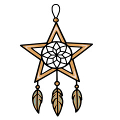 Poster - Star-shaped dreamcatcher vector illustration with three feathers, featuring a detailed mandala design and earthy tones, perfect for boho-chic or Native American-inspired projects.