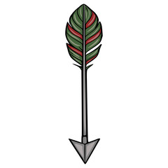 Poster - A vector illustration of a stylized arrow with a detailed green and red feather, perfect for tribal or nature-themed designs.