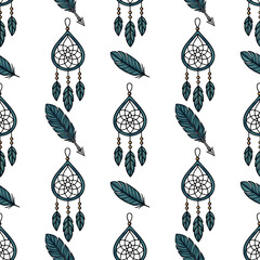 Poster - Seamless vector pattern featuring teal dream catchers, feathers, and arrows, creating a bohemian-inspired design perfect for textile prints or web backgrounds.