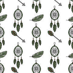 Poster - Seamless vector pattern featuring dreamcatchers, arrows, and feathers in a muted green palette, ideal for textile design or boho-style backgrounds.