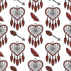 Poster - Seamless vector pattern featuring heart-shaped dreamcatchers, adorned with maroon feathers and complemented by stylized arrows, creating a captivating bohemian design.
