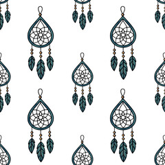 Poster - Seamless vector pattern of teal dream catchers with gold beads and feathers, a boho chic design perfect for textile prints, wallpapers, and surface patterns.