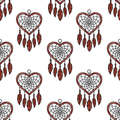 Poster - Seamless vector pattern of heart-shaped dream catchers with red feathers, a unique design for textile or wallpaper.