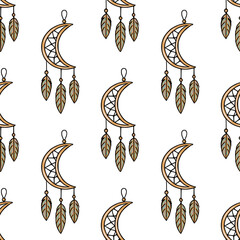 Poster - Seamless vector pattern of crescent moon dream catchers with feathers in boho style, perfect for textile print or wallpaper design.