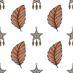 Poster - Seamless vector pattern with stylized brown feathers and star dream catchers, perfect for boho chic textile design or modern wallpaper.