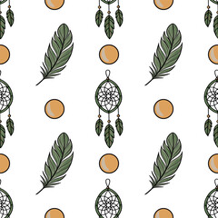 Poster - Seamless vector pattern featuring dream catchers, feathers, and circles in muted green and orange tones, ideal for bohemian or spiritual design projects.