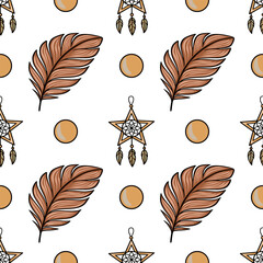 Poster - Seamless vector pattern with bohemian dreamcatchers, stylized feathers, and earthy tones circles, perfect for textile, wallpaper, or surface design projects.