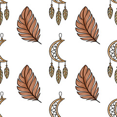 Poster - Seamless vector pattern featuring stylized brown feathers and crescent moon dream catchers, creating a bohemian, earthy aesthetic perfect for textile design or wallpaper.