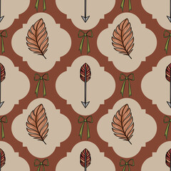 Poster - Seamless vector pattern with stylized feathers, arrows, and bows in terracotta and beige tones, arranged in a repeating geometric design.