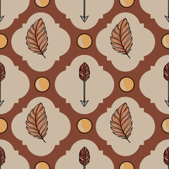 Poster - Seamless vector pattern with stylized feathers, arrows, and circles in earthy tones, creating a unique bohemian design perfect for textile prints or wallpapers.