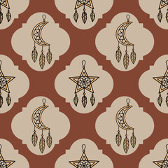 Poster - Seamless vector pattern with boho dreamcatchers in star and crescent moon shapes, adorned with feathers, set against a terracotta and beige background featuring a unique geometric pattern.