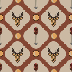 Poster - Seamless vector pattern with stylized deer heads, arrows, and circles in earthy tones, creating a mystical and geometric design perfect for textile, wallpaper, or branding.