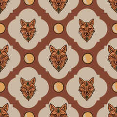 Poster - Seamless vector pattern with stylized fox heads and moons, featuring an earthy color palette and geometric shapes, ideal for textile or wallpaper design.
