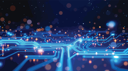 Poster - Abstract digital circuit board design with vibrant glowing lines and bokeh effects on dark background.