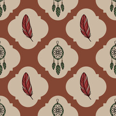 Poster - Seamless vector pattern with dream catchers and feathers in terracotta and beige colors, featuring a unique cloud-like geometric design.