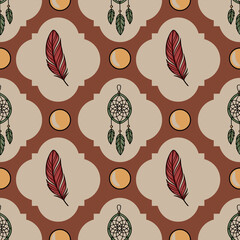 Poster - Seamless vector pattern featuring red feathers and green dreamcatchers on a terracotta and beige background, creating a boho-chic aesthetic.