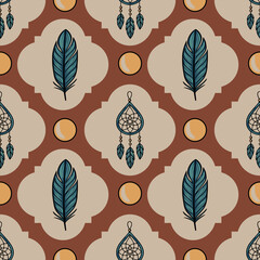 Poster - Seamless vector pattern with teal feathers, dream catchers, and ochre circles on a terracotta and beige background, creating a bohemian-chic design ideal for textile prints or wallpapers.