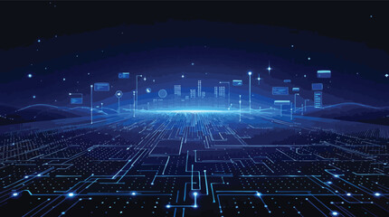 Poster - Abstract digital cityscape representing data flow connectivity and technological innovation.