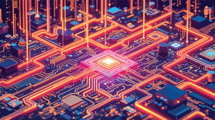 Poster - Abstract illustration of a futuristic computer circuit board with glowing neon lines.
