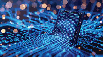 Poster - Digital processor circuit board with data flow and bokeh effects illustrating technology advancement.