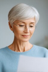 Poster - close-up of elderly asian woman reviewing pension documents with glasses on soft home background blurred