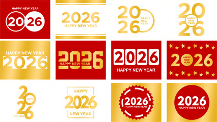 Fototapete - Big Set of 2026 Happy New Year logo text design. 2026 number design template. Collection of 2026 Happy New Year symbols Vector illustration withgold and red labels isolated on solid background