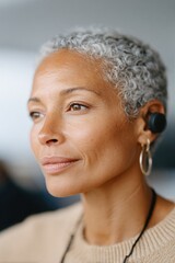 Poster - close-up of middle-aged black woman participating in virtual training with headset soft room blur behind
