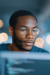 Poster - close-up of young black man typing html on laptop in café blurred background with natural light