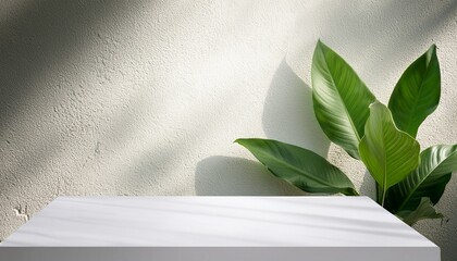 white table top with green leaves light and shadow on stucco wall texture background